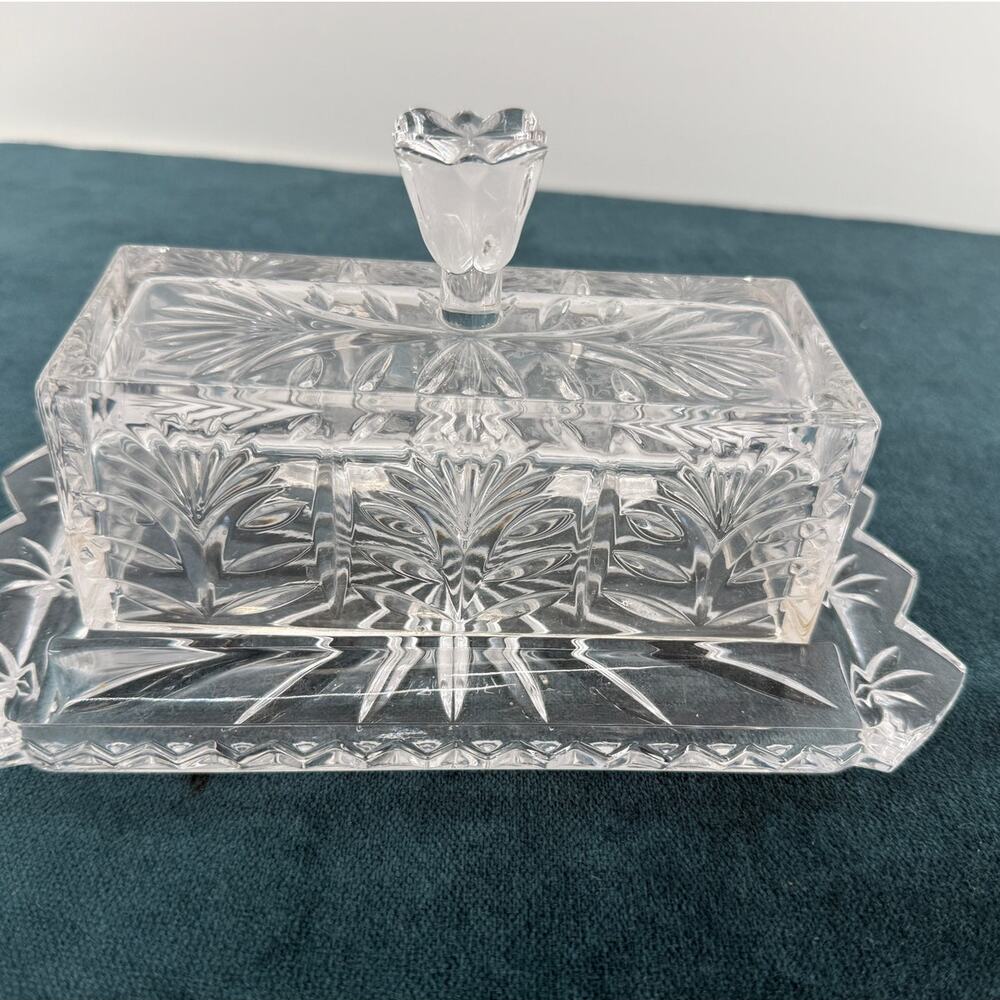 Vintage Crystal Butter Dish Lidded Vanity Jewelry Organizer Trinket Box Glass